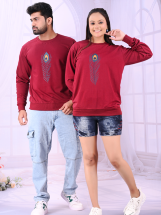 Peacock Muse Maroon Couple T-Shirts